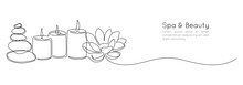 One Continuous Line Drawing Of Wellness And Spa Treatment. Candle Stones And Lotus Flower For Zen And Balance Concept In Simple Linear Style. Editable Stroke. Doodle Vector Illustration