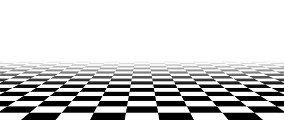 Black and white checkered tile floor fading in perspective. Abstract checkerboard texture landscape. Vanishing horizontal chessboard plane surface. Empty room background. Vector illustration