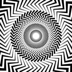 Poster - Optical illusion background. Black and white abstract distorted zigzag lines surface. Radial jagged poster design. Hypnotic spiral illusion wallpaper. Vector illustration