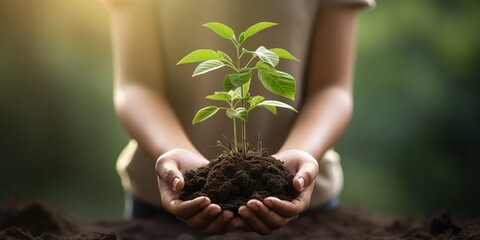 In Woman Hand Planting Green Bokeh Sprouts Tree, Environmental Protection View,