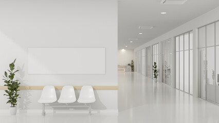 Interior design of a modern luxurious white building corridor or hallway with waiting seat