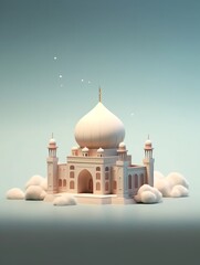 Wall Mural - 3D islamic mosque illustration for banner social media, gold, minimalist, eid fitr, eid adha, ramdhan kareem, muharam, islamic new year