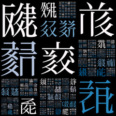 Poster - Abstract Matrix background. Design using random characters of old Tangut alphabet. Gradiented matrix pattern. Purple blue color theme backgrounds. Captivating vector illustration.