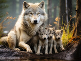 Fototapeta  - A Wolf and Her Babies in Nature | Generative AI