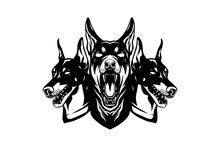 Doberman Dog With Three Head Like Cerberus, Vector Black White