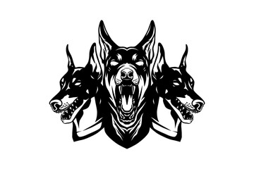 Doberman dog with three head like cerberus, vector black white