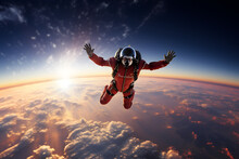 Skydiver In Action From The Space, Parachutist Skydiving Above The Clouds From The Space