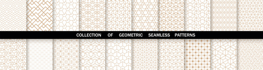Geometric set of seamless gold and white patterns. Simpless vector graphics