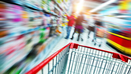 Moving shopping cart in the supermarket