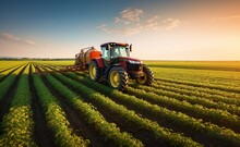 A Tractor Sprayed Crops In A Field At Sunset, Generative AI