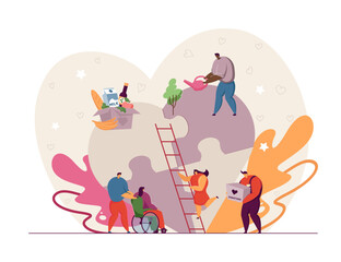Poster - Tiny volunteers helping society vector illustration. Drawing of people giving donations, assisting persons with disability, donating food, gardening. Human community, charity, assistance concept