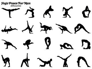 Wall Mural - Yoga poses men silhouette vector illustration set.