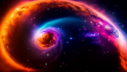 Exploration of the Magellanic Cloud Galaxy or Cloud Nebula in outer space. Galaxy Whirlpool background on starry night. Deep space travel 3D animation.
