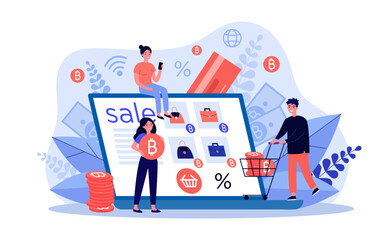 Poster - People using cryptocurrency shopping online vector illustration. Drawing of tiny man and women using digital currency as payment for accessories. Ecommerce, cryptocurrency, marketing, sale concept
