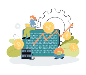 Wall Mural - People mining cryptocurrency using laptops vector illustration. Cartoon drawing of man and woman farming digital currency. Cryptocurrency, technology, finances, investment, ecommerce concept