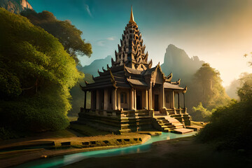 Ancient Ta Promh temple in the jungle, background AI generated illustration.