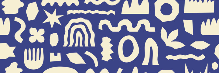Poster - Abstract seamless pattern with beige organic cut out shapes on a blue background. Trendy vector collage. Horizontal background