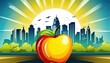 A ripe red apple against the silhouette of a modern city. A symbol of a healthy lifestyle in the city. The illustration is flat. Created by AI.
