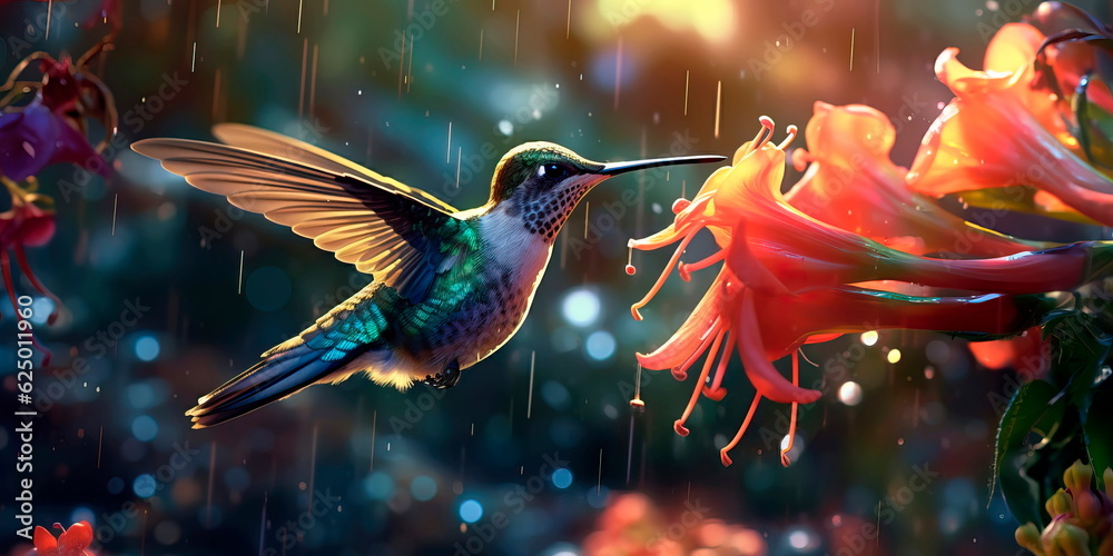 hummingbird collecting nectar from a flower with a stream of colored flowers in the background.