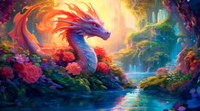 Dragon Resting In The Middle Of A Fairy Forest Framed By Flowers And Water Streams