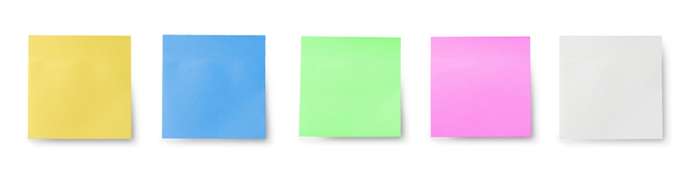 Wall Mural -  - five blank sticky notes isolated on white background. Mockup sticky Note Paper. Use post it notes to share idea on sticky note. sheets for notes. wide banner