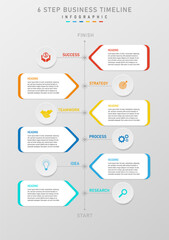 infographic template vertical 6 steps success business plan line with center circle Square with left and right letters, left and right buttons with icons in the middle, gray gradient background.