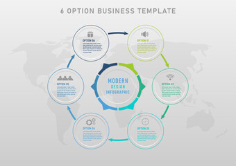 Wall Mural - infographic template 6 options circle with multi colored borders outside Colored letters and icons in the middle of the directional arrows. circle inside the letters in the center of the map below.