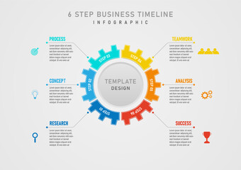 Infographic 6 Step Business Plan for Success Cogs are divided into multi-colored segments. Letters and icons left and right, lines and dots. gray gradient background design for product, marketing