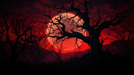 Wall Mural - Silhouette dead tree at night for Halloween background. Generative AI