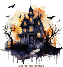 Watercolor Halloween Haunted House Castle  Vector Illustration