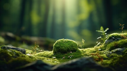 Stone covered with green moss on blurred forest background. Close up. Nature background with copy space for your design.