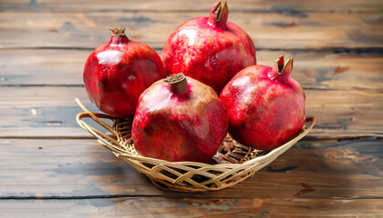 Poster - Ripe and juicy pomegranate in basket on wooden table