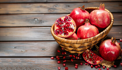 Wall Mural - Ripe and juicy pomegranate in basket on wooden table
