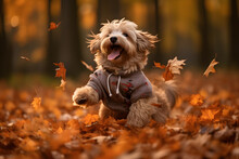 A Dog Wearing A Sweater And Playing With A Pile Of Leaves