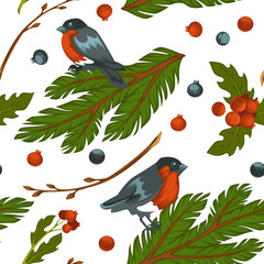 Wall Mural - Bullfinch bird sitting on pine tree branch pattern