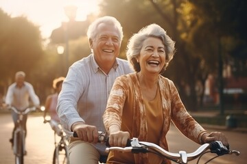 grandfather and grandmother are riding bicycles in the park in the sun. generative ai.