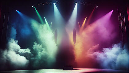 theater setting with concert and stage, stage lit by colored spotlights. lights and smoke ai generat