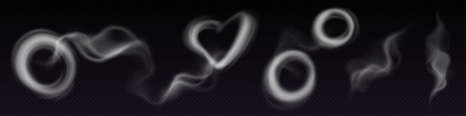 Wall Mural - smoke steam circle ring vector cloud effect. 3d realistic vape or hookah fog line swirl art. magic t