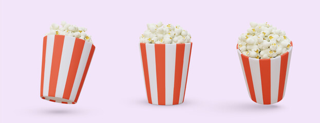 Round paper cups filled with popcorn. Traditional snack for companies, watching movie. 3D cinema icon set in cartoon style. Isolated image in different positions