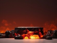 Podium Lava Rocks Smelt On Volcano With Magma And Lava Erupt. Stage For Product Display, Blank Showcase, Mock Up Template Presentation