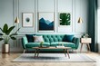 © Nyetock - Stylish living room interior design with modern mint sofa, wooden console, cubes, coffee table, lamps, plants, mock up poster frames, pillows, plaid, elegant decorations and accessories in home decor.