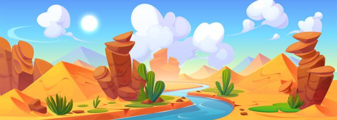 Wall Mural - Cartoon desert nile river valley vector background. Dry africa sand wilderness hills nature scene with water landscape. Amazing idyllic arabic game environment with nobody neat cactus and stream