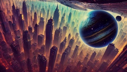 Wall Mural - Futuristic urban animation with deep space, galaxy, and futuristic city with high skyscrapers. Bright cosmic animation with illustrations transformations, music visualization. AI generated video