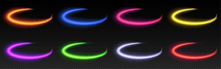 Poster - neon light effect speed line glow swirl vector. abstract energy wave or magic trail flare. blue, red