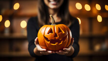 Woman's Hand Holding A Halloween Pumpkin, On A Blurred Background.