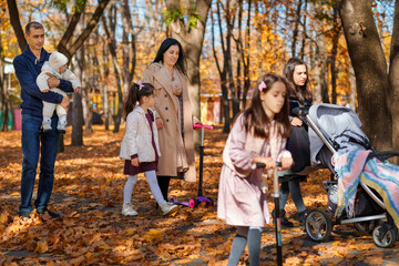 a big family walking together in an autumn city park, children and parents, happy people enjoying beautiful nature, a bright sunny day and yellow leaves