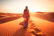Leinwandbild Motiv Arabian woman in the desert at sunset travel conception ai generated art