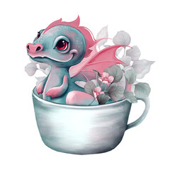 Fantasy cute baby dragon in cup with flowers. New Year 2024. Cartoon dragon illustration.