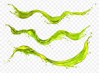Poster - Liquid splashes of apple juice, green water or tea isolated on transparent background. Abstract flows of clear fresh drink, lime or cucumber juice, vector realistic set