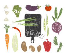 Set Of Doodle Vegetables. Texture Potatoes, Beets, Broccoli, Onions, Garlic, Peas, Peppers, Tomato, Eggplant, Carrots, Zucchini.